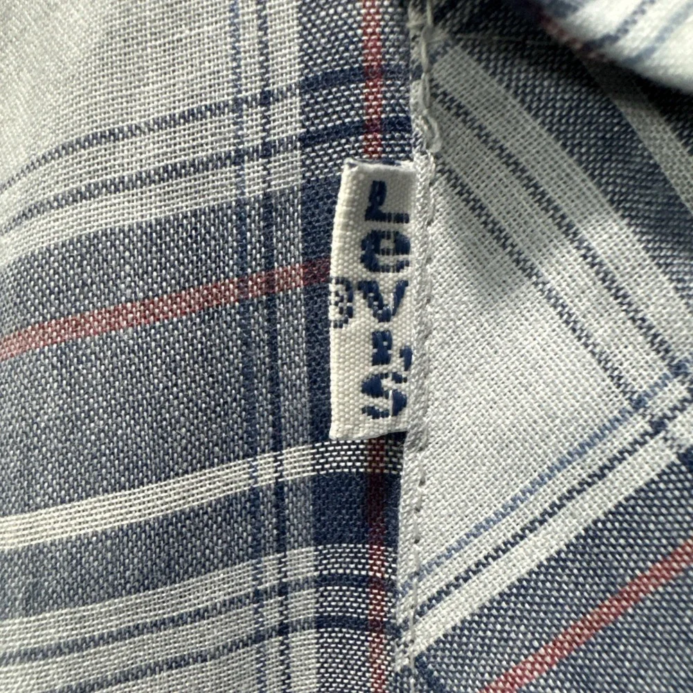 VTG Rare LEVIs Button Dress Shirt sz L Blue Madras Plaid 70 Light Korea Made - Picture 7 of 9
